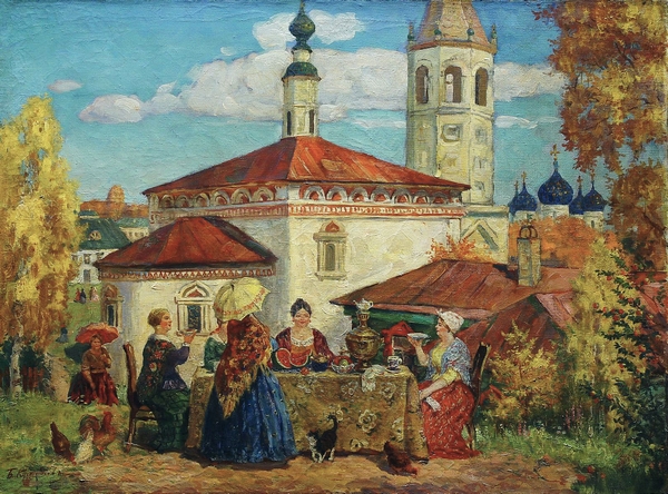 Б.М.Кустодиев. "Осень в провинции. Чаепитие." (1926г.) Масло, холст.