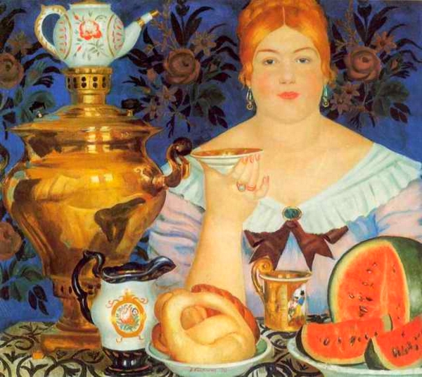 Кустодиев, " Купчиха, пьющая чай ", (1923г.) Холст, масло.